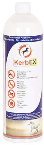 KerbEX blau Insektenabwehrmittel für Pferde bei mittlerem Insektenbefall – Mit reduziertem Knoblauch, langanhaltender Schutz gegen Bremsen, Mücken, Kriebelmücken und Zecken – 1L