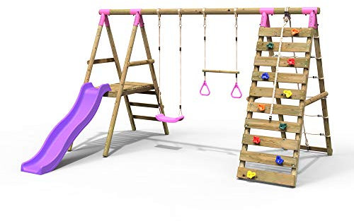 Rebo® Wooden Swing Set with Deck and Slide Plus Up and Over Climbing Wall - Jasper Pink | OutdoorToys | Sturdy Wooden Construction, Pressure Treated Timber