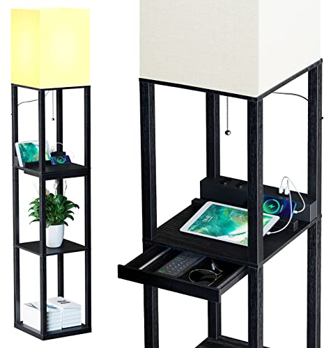 SUNMORY Lampada da Terra a Mensola con 3 Temperature di Colore, 2 Porte di Ricarica USB e 1 Cassetto, Lampade da Terra in Legno Massello per Camera Da Letto e Soggiorno, Nero(Lampadina Inclusa)