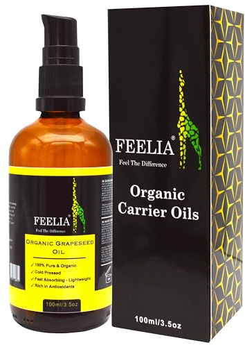 Feelia - Organic Grapeseed Oil - Cold Pressed, Rich in Antioxidants, Fast Absorbing - Lightweight, 100% Pure & Organic (100ml)