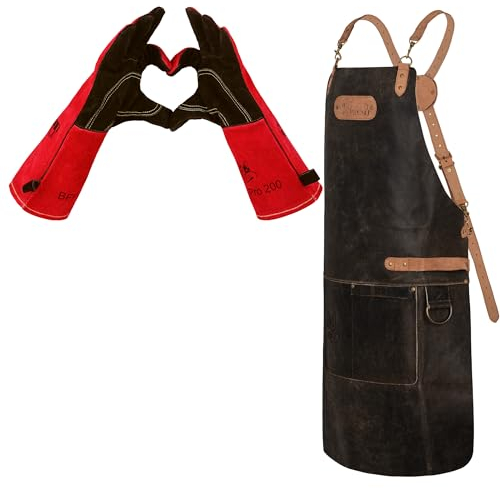 Black Forest Fox SET X: Büffelleder Grill Koch & Küchen Schürze + Getränkeholster Holly Holster – Leder Flaschenhalter für Partybecher, Bierflaschen, Getränkedosen – FOX-X SET 4 (Butcher-Black)