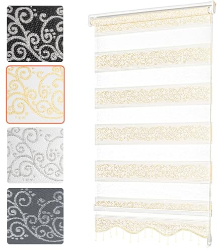 Bailena® Doppelrollo Klemmfix ohne Bohren - 4in1 Duo Rollo mit Muster Weiß Gold Glitzernd 70x200cm - Ranken & Blumen Motiv Doppelrollo mit Perlen - Gardinen Rollos für Fenster & Tür
