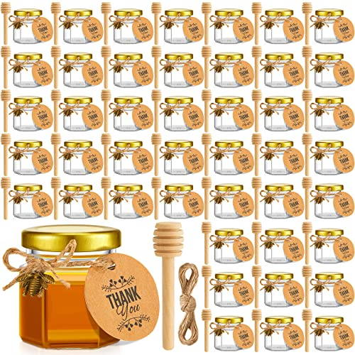 Potchen Lot de 50 mini pots à miel hexagonaux en verre de 42,5 g avec louche en bois - Petits bocaux en verre - Pour cadeaux de mariage avec pendentifs en forme d'abeille, cartes de remerciement, jute