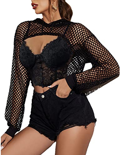 Avidlove Black Fishnet Top Long Sleeve Crop Top Hoodie Mesh T Shirts for Women Black S