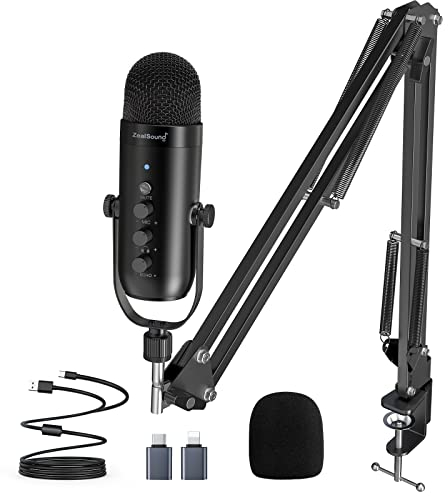 zealsound USB Mikrofon Kit für PC, Handy, PS4/5, MAC, Mit Schneller Stummschaltung,Geräuschunterdrückung, Echo, Mikrofonarm, fit for Streaming, Podcast, Gaming, Youtuber, Kompatibel mit Windows(K66s)