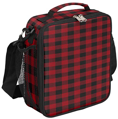 Lonchera a cuadros rojos y negros, lonchera a cuadros con aislamiento, bolsa térmica con correa de hombro ajustable extraíble para mujeres, hombres, oficina, picnic
