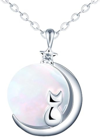 feilok Halskette Damen Kette mit Katzen Kette Mond Anhänger aus 925 Sterling silber Geschenk für Sie Freundin Weihnachten
