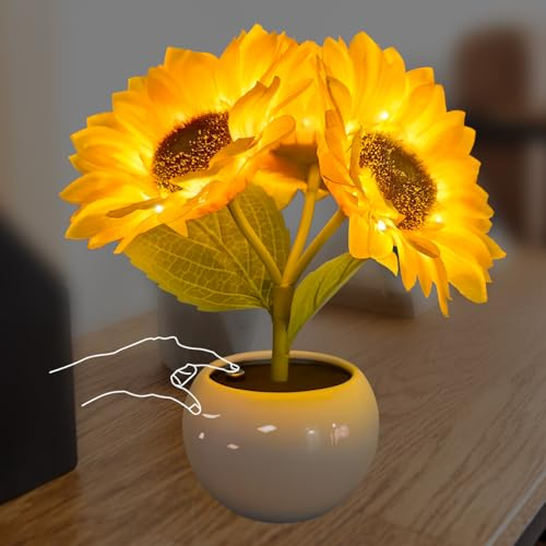 ALEENFOON Lampada da Tavolo Girasole con Vaso in Ceramica Simulazione Fiore Luce d'Ambiente USB Ricaricabile Ornamenti per La Casa Soggiorno Matrimonio Desktop Decor
