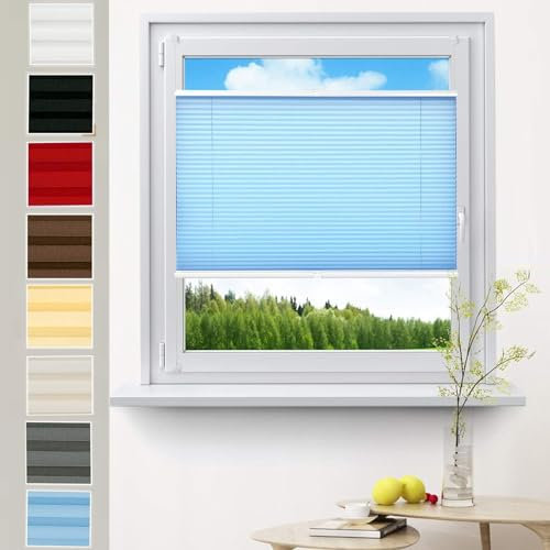 Premium Plissee Faltrollo 25 x 170 cm Blickdicht Sichtschutz Sonnenschutz Verspannt Fensterollo, Klemmfix Rollo Rollo für Fenster & Tür für Fenster & Tür, Blau