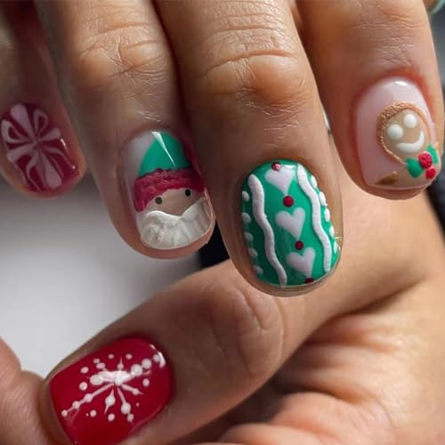 Brishow Weihnachten Nägel zum Aufkleben Schnee Press on Nails mit Elch Rot Künstliche Nägel Kurze Fake Nails 24 Stück für Frauen und Mädchen (h)