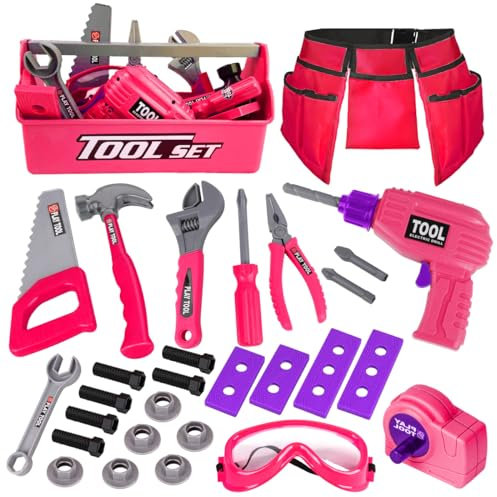 LOYO Kids Tool Set - 30Pcs Pretend Play Tool Toys with Kids Tool Belt, Electric Toy Drill, Construction Tool Box Kit Kids Toys Gift for Girl Boys Age 3 4 5 6 Years Old(Pink)