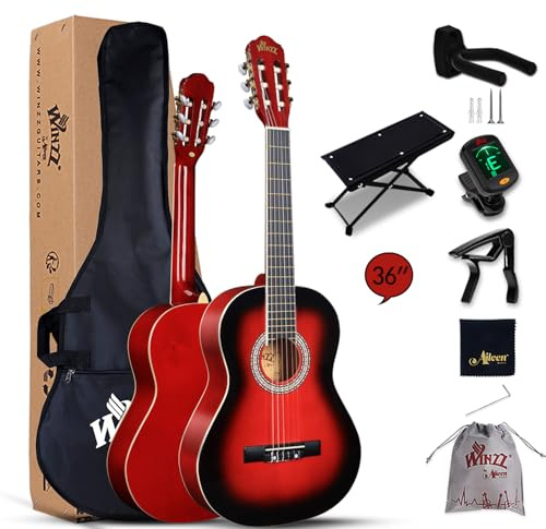 Winzz Guitarra Clásica 3/4 para Niños Adolescentes Estudiantes Principiantes con Cuerda de Nylon (36 Pulgadas, Rojo Brillante)