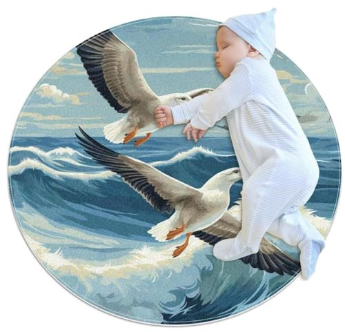 VAPOKF Kleine Teppiche, Badezimmerteppich, Möwe, die über Meereswellen fliegen, rutschfester Überwurfteppich, Fußmatte, für Sofa, Schlafzimmer, Kinderzimmer, Dekoration, rund, 80 cm Durchmesser