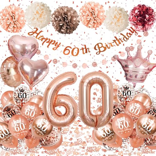 60 Anni Compleanno Donna,Palloncini 60 Anni Compleanno Oro Rosa | Decorazioni Compleanno 60 Anni con Palloncini Cuori e Corone,Striscione Happy 60th Birthday,Decorazioni Festa 60 Anni Donna