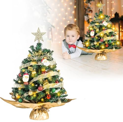 Forhandy Mini Weihnachtsbaum 60cm Kleiner Weihnachtsbaum mit Beleuchtung LED, Christbaum Künstlich mit Stern-Baumspitze,Weihnachtsdeko Rot für Weihnachten und Neujahr Haus Büro Dekoration