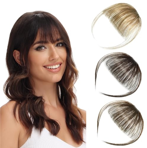 Clip in Pony Echthaar Bangs Extensions Haarteile für Damen Kastanie | 100% Remy Dünner Fringe mit Schläfen Natürliche für Frauen, Weicher Natürlicher Look, ideal für den täglichen Gebrauch