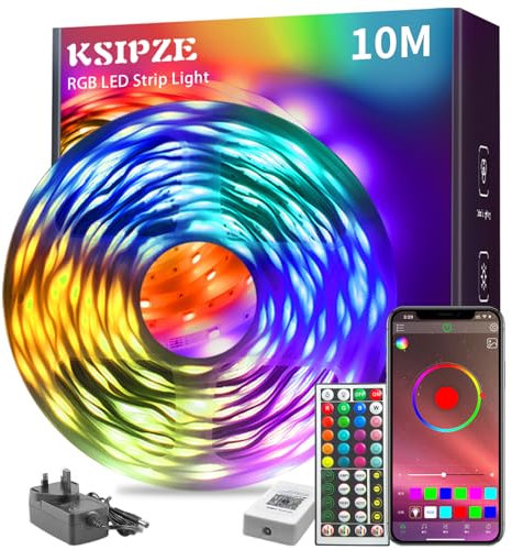 KSIPZE Led Streifen 10m, RGB LED Strip mit Fernbedienung Bluetooth App, Dimmbar Farbwechsel led Lichterkette Lichtband Musik Sync, Selbstklebend Leds Kette Leiste band Beleuchtung für Zimmer Partei