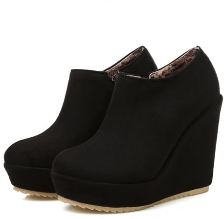 Botines Con Tacón De Cuña De 12 Cm Booties Plataforma Mujer Botas Cortas De Ante Retro Con Cremallera Ankle Boots Forrados De Felpa Cálidos De Invierno Zapatos De Algodón Al Aire Libre(Black,37 EU)