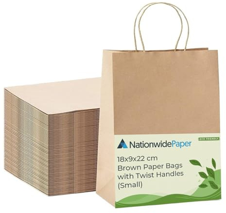 Nationwide Paper 200 st små bruna papperspåsar, festpåsar, presentpåse, gör-det-själv, shoppingväska, bärväska och söta väskor med starka vridna handtag (18 x 9 x 22 cm)