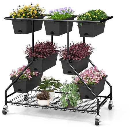 COSTWAY Blumenständer mit Blumenkästen, Blumentreppe mit Rollen, 7 Pflanzkästen, 2 Körben & Abflusslöchern, Pflanzenständer aus Metall und PP, für Terrasse Garten Balkon, 100 x 56 x 99 cm, Schwarz