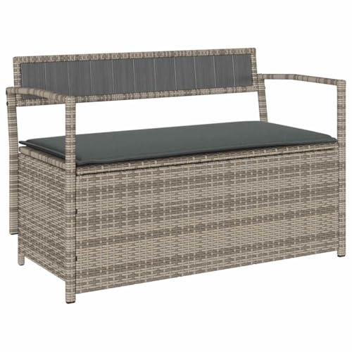 vidaXL Gartenbank mit Stauraum und Kissen Grau Poly Rattan