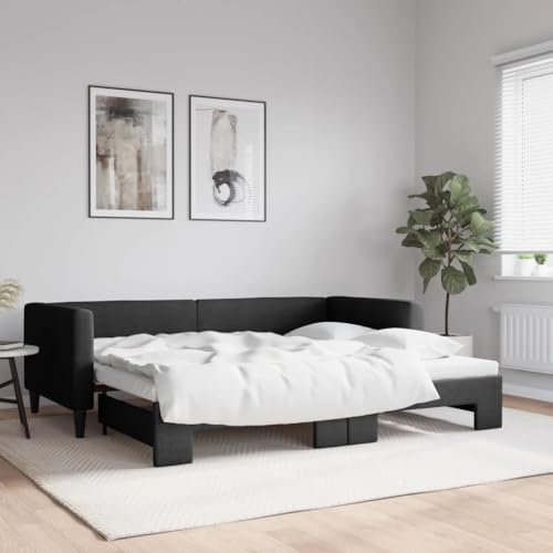 LAPOOH Tagesbett Ausziehbar Schwarz 90x190 cm Stoff, Schlafsofa, Daybed, Bettsofa, Sofa Bed, Sofabett, Schlafcouch, Jugendbett, Bettgestell, Bettcouch - 3196590