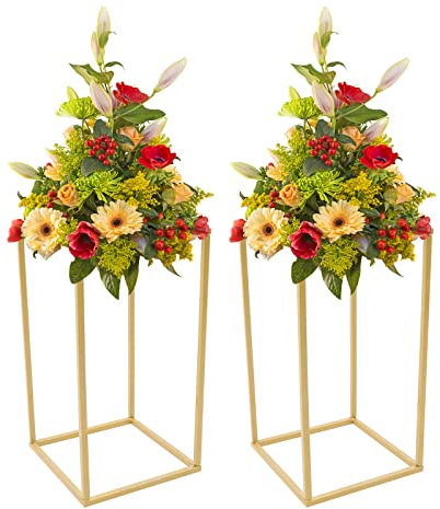 2 Stück Gold Blumenständer Metall Rechteckig, Hoch Dekosäule für Hochzeit Tischdeko & Zuhause