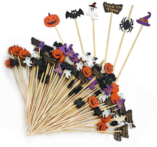 SHSMPXOY 100 Piezas Palillos para Aperitivos con Halloween Brochetas de Frutas Palillos Dientes d'Bambú con Fiesta Decoración Calabaza Murciélago Araña Fantasma Palitos de Cóctel Hechos a Halloween