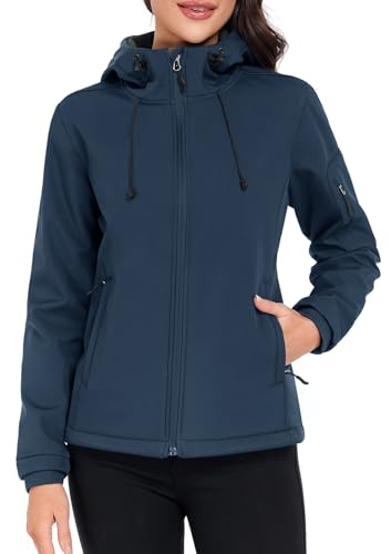 CMTOP Giacca Softshell Donna in Pile Caldo Giacca Idrorepellente Giacca a Vento Autunno Inverno Primavera Giubbotto Con Cappuccio per Trekking Running Pesca Ciclismo(Blu navy,M)