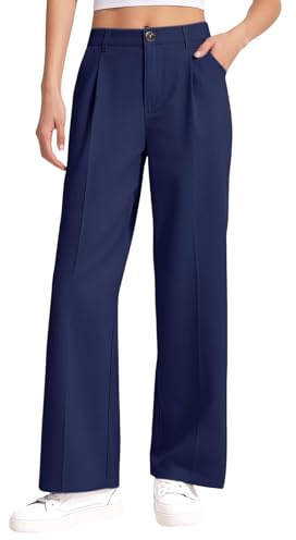Pantalon long pour filles, uniforme scolaire, pantalon droit à jambes larges avec poches, taille haute, pour adolescents, enfants, joggers, pantalons de sport, bleu marine, 11-12 ans