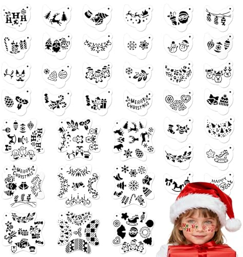 JSRQT 39 Stück Weihnachts Schminkschablonen Set, Wiederverwendbares Vorlagen Tattoo Schablone für Basteln Erwachsene, Schneeflocken Schneemann Stencils für Make Up, DIY Weihnachtskarten, Stoff, Holz