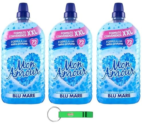 Mon Amour Ammorbidente concentrato Blu Mare XXL – Ammorbidente – 72 lavaggi 3 x 1800 ml + portachiavi Beni Culinari
