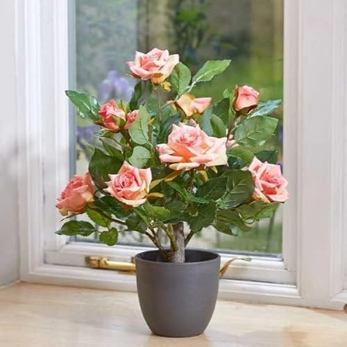 Garden Mile Plante de rose artificielle en pot de 40 cm - Roses roses réalistes en pot - Décoration d'intérieur ou de bureau - Bouquet de roses en pot