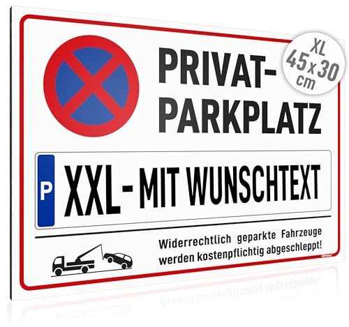 PRINTINO® Privatparkplatz Schild mit Wunschtext, Parkplatzschild aus Alu mit Namen oder Kennzeichen selbst gestalten - Alu-Verbund 45x30 cm 3mm, Parken verboten (Privatparkplatz Wunschtext, 45x30 cm)