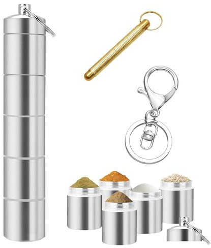 SKIPTHYBER 5-in-1 Small Spice jars Shaker Aluminium Mini Sealed Container,Portable Mini Spoons Accessory Kit for Outdoor BBQ, travel, and kitchen Cooking, Camping Spice Accessories