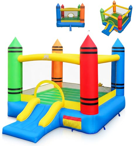 COSTWAY Château Gonflable sur Thème Crayon avec Toboggan et Maison de Saut, Aire de Jeux Gonflable en Tissu Oxford avec Sac de Transport, Intérieur Extérieur jusqu'à 2 Enfants de 3-12 Ans