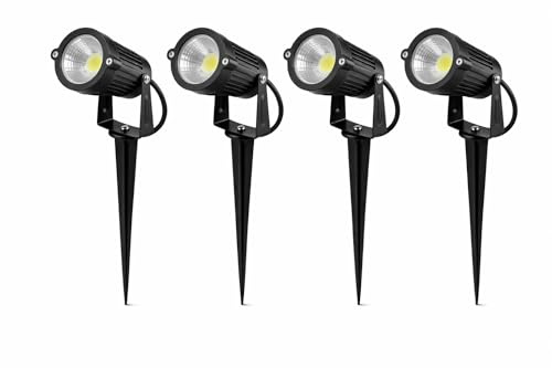 damastoreitalia Kit 4 Faretti LED da Giardino con Picchetto 5W 4000K Luce Naturale IP65 Spot Esterno per Piante Alberi Facciate in Alluminio e Vetro Fascio 60° (4, Luce Naturale 4000K)