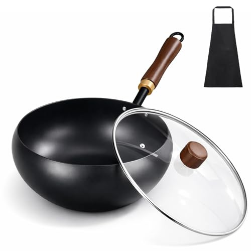 Japanese Cast Iron Wok with Lid & Spatula, Hand Hammered Tsubame-Sanjo Wok Pan, Pre-Seasoned Uncoated Nonstick Iron Pot for Induction, Gas & Electric Stoves (Glass lid,28cm/11)