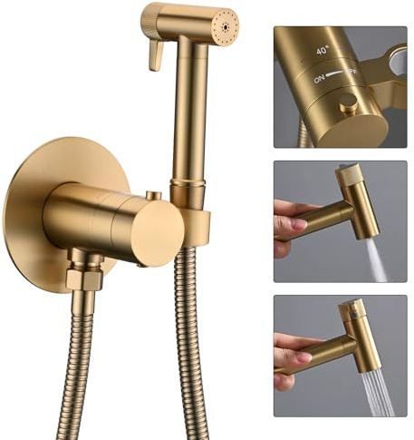 WRKMH Doccetta per Bidet Termostatico, Ottone Spruzzatore per Bidet Oro Spazzolato Idroscopino per WC, con Spruzzatore a Doppia Funzione in Ottone, 1.2M Tubo Doccia