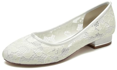 Yhsdfcn Ballerinaskor med Blommig Spets Dam Platta, Andningsbara Brudskor i Mesh med Rund Tå och Metallisk Klack, Bekväma Pumps för Bröllopsgäst, Fest och Vardagselegans,A ivory,EU42