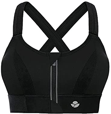 YIANNA Women High Impact Sports Bra Plus Size Zip Front Fastening Bras Padded Adjustable Strap Wireless Running Yoga Top Black, 151 M