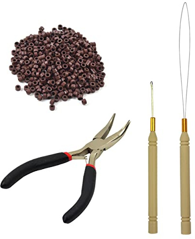 Extensions de Cheveux Pinces Trousse à Outils Pinces à Cheveux Tirant Crochet Perle Dispositif Boucle Enfileur et 500 Pièces 5.0mm Micro-Anneaux Doublés de Silicone (Marron)