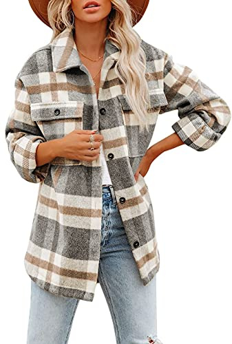 shownicer Surchemise Femme Veste à Carreaux Chemise Décontracté Oversize Chemisier Blouse à Manches Longues Bûcheron Manteau avec Bouton Gris L
