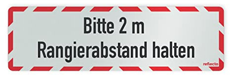 Reflektierendes Hinweisschild Bitte 2 m Rangierabstand halten! - Fahrzeugschild rot-weiß - verschiedene Ausführungen und Größen (150 mm x 500 mm, magnetisch)