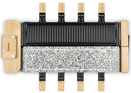 H.Koenig Raclette-Gerät für 8 Personen, WOD360, Stein Granit und Naturholz, 180 ° drehbar, abnehmbare Platten, 8 Pfannen und 8 Pfannenwender aus Holz, 1400 W