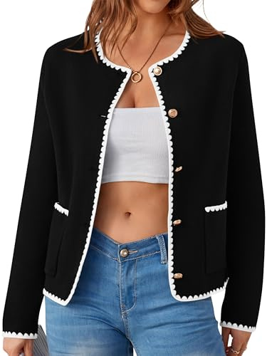 MASCOMODA Cardigan boutonné à manches longues pour femmes 2024 automne hiver décontracté en tricot ouvert sur le devant avec poches, noir, Medium