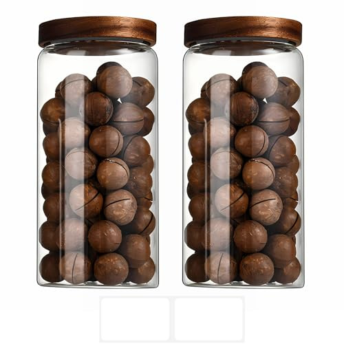 Jauhmui 2 st. glasförvaringsburkar med trälock, lufttätta, förvaringsburkar, förvaringsburkar set för godis, kex, ris, socker, mjöl, nötter och kryddor (1 250 ml, 2, transparent)