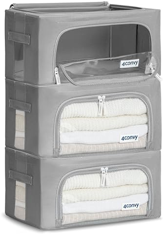 4CONVY Scatole Rigide per Armadio con Cerniera e Struttura in Metallo – Contenitori per Armadio per Vestiti, Trapunte e Piumoni – Organizzatori per Armadio Impilabili, Pieghevoli e Resistenti – 3x24L