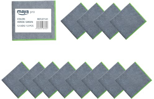 Maya - Bayetas de Microfibra para Limpieza sin Dejar Rayas | 36x38 cm | Pack de 12 Paños Fast 270G Antibacterias para Cocina, Cristales y Acero Inoxidable (Gris/Verde)