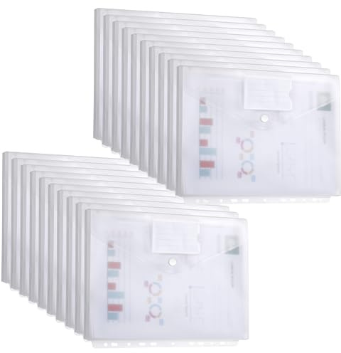 XIKAYA Document Wallet A4 Filing - Confezione da 20 cartelle portadocumenti A4 con 11 fori and Label Pocket - Custodia impermeabile per l'organizzazione dei documenti (tridimensionale)